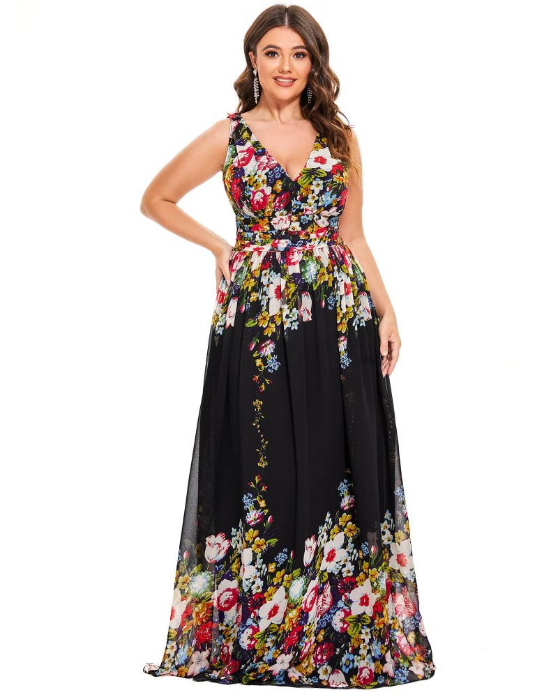 Front of a model wearing a size 12 Pleated Sleeveless V-Neck Chiffon Maxi Dress in Black and Printed by Ever-Pretty. | dia_product_style_image_id:291902